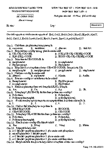 Đề kiểm tra Hóa học Lớp 12 - Học kỳ I - Năm học 2019-2020 - Trường THPT Hương Khê - Mã đề 022
