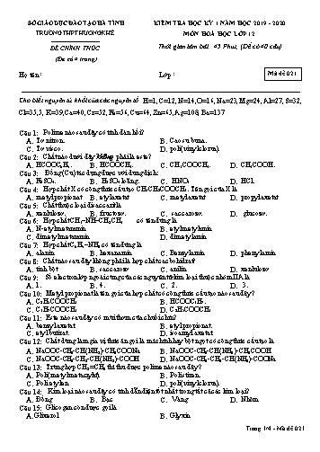 Đề kiểm tra Hóa học Lớp 12 - Học kỳ I - Năm học 2019-2020 - Trường THPT Hương Khê - Mã đề 021