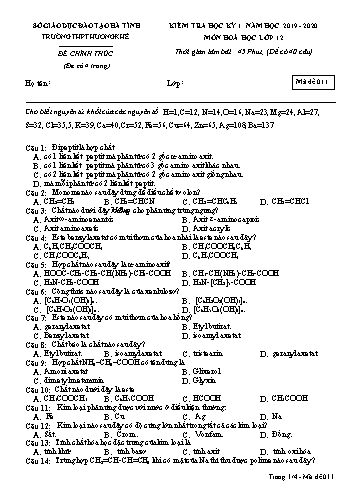 Đề kiểm tra Hóa học Lớp 12 - Học kỳ I - Năm học 2019-2020 - Trường THPT Hương Khê - Mã đề 011