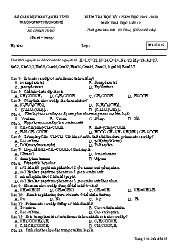 Đề kiểm tra Hóa học Lớp 12 - Học kỳ I - Năm học 2019-2020 - Trường THPT Hương Khê - Mã đề 015