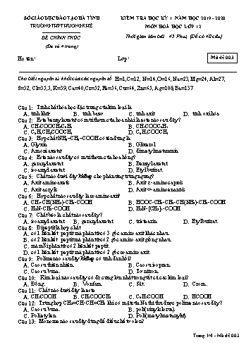 Đề kiểm tra Hóa học Lớp 12 - Học kỳ I - Năm học 2019-2020 - Trường THPT Hương Khê - Mã đề 003