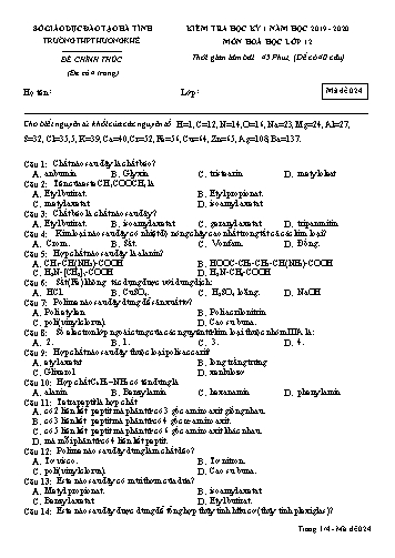 Đề kiểm tra Hóa học Lớp 12 - Học kỳ I - Năm học 2019-2020 - Trường THPT Hương Khê - Mã đề 024
