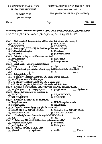 Đề kiểm tra Hóa học Lớp 12 - Học kỳ I - Năm học 2019-2020 - Trường THPT Hương Khê - Mã đề 006