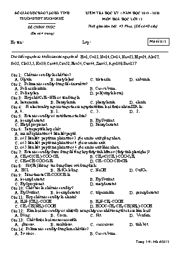 Đề kiểm tra Hóa học Lớp 12 - Học kỳ I - Năm học 2019-2020 - Trường THPT Hương Khê - Mã đề 012