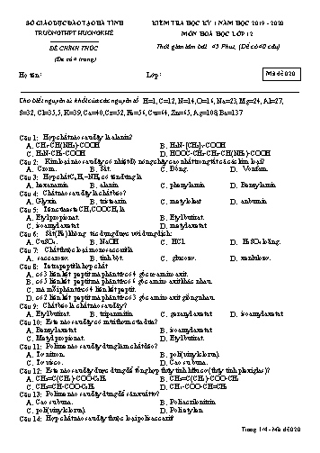 Đề kiểm tra Hóa học Lớp 12 - Học kỳ I - Năm học 2019-2020 - Trường THPT Hương Khê - Mã đề 020