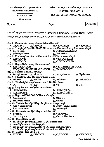 Đề kiểm tra Hóa học Lớp 12 - Học kỳ I - Năm học 2019-2020 - Trường THPT Hương Khê - Mã đề 023