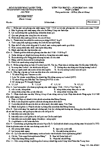 Đề kiểm tra học kì I môn Lịch sử Lớp 12 - Năm học 2019-2020 - Trường THPT Nguyễn Trung Thiên-Hà Tĩnh - Mã đề 001 (Kèm đáp án)