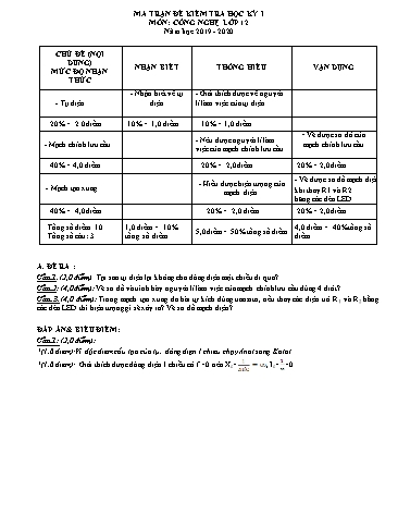 Đề kiểm tra học kỳ I môn Công nghệ Lớp 12 - Năm học 2019-2020