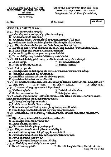 Đề kiểm tra học kỳ I môn GDCD Lớp 10 - Năm học 2019-2020 - Trường THPT Nguyễn Trung Thiên - Mã đề 002 (Kèm đáp án)