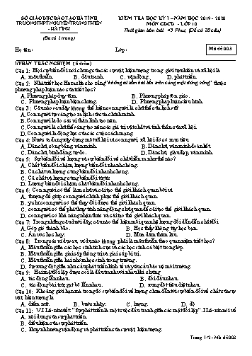 Đề kiểm tra học kỳ I môn GDCD Lớp 10 - Năm học 2019-2020 - Trường THPT Nguyễn Trung Thiên - Mã đề 003 (Kèm đáp án)