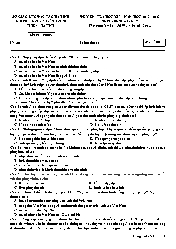 Đề kiểm tra học kỳ I môn GDCD Lớp 12 - Năm học 2019-2020 - Trường THPT Nguyễn Trung Thiên - Mã đề 001 (Kèm đáp án)