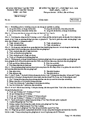 Đề kiểm tra học kỳ I môn GDCD Lớp 12 - Năm học 2019-2020 - Trường THPT Nguyễn Trung Thiên - Mã đề 003 (Kèm đáp án)