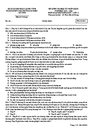 Đề kiểm tra học kỳ I môn GDCD Lớp 12 - Năm học 2019-2020 - Trường THPT Nguyễn Trung Thiên - Mã đề 002 (Kèm đáp án)