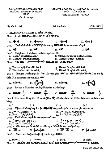 Đề kiểm tra học kỳ I môn Toán Lớp 10 - Năm học 2019-2020 - Trường THPT Nguyễn Trung Thiên - Mã đề 002 (Kèm đáp án)