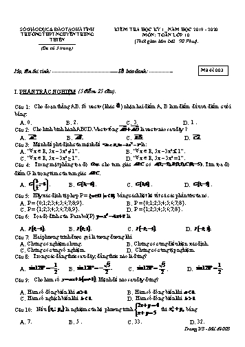 Đề kiểm tra học kỳ I môn Toán Lớp 10 - Năm học 2019-2020 - Trường THPT Nguyễn Trung Thiên - Mã đề 003 (Kèm đáp án)