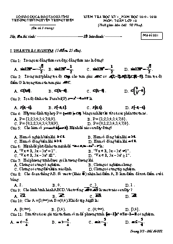 Đề kiểm tra học kỳ I môn Toán Lớp 10 - Năm học 2019-2020 - Trường THPT Nguyễn Trung Thiên - Mã đề 001 (Kèm đáp án)