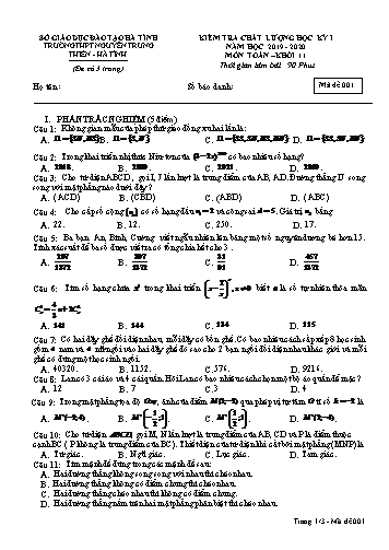 Đề kiểm tra học kỳ I môn Toán Lớp 11 - Năm học 2019-2020 - Trường THPT Nguyễn Trung Thiên - Mã đề 001 (Kèm đáp án)