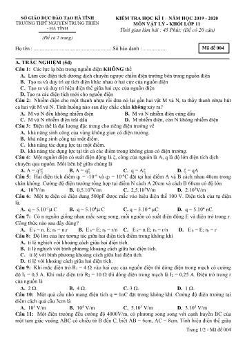 Đề kiểm tra học kỳ I môn Vật lý Lớp 11 - Năm học 2019-2020 - Trường THPT Nguyễn Trung Thiên - Mã đề 004 (Kèm đáp án)