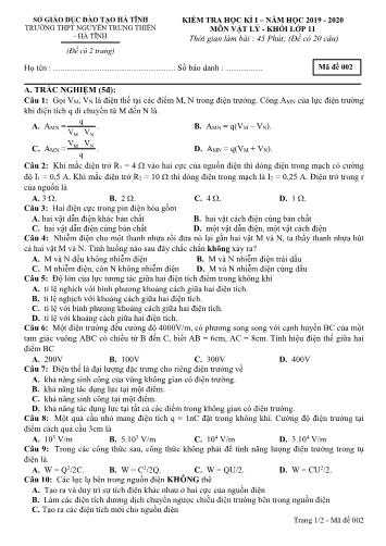 Đề kiểm tra học kỳ I môn Vật lý Lớp 11 - Năm học 2019-2020 - Trường THPT Nguyễn Trung Thiên - Mã đề 002 (Kèm đáp án)
