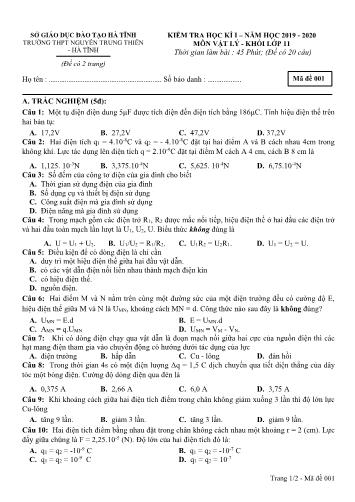 Đề kiểm tra học kỳ I môn Vật lý Lớp 11 - Năm học 2019-2020 - Trường THPT Nguyễn Trung Thiên - Mã đề 001 (Kèm đáp án)