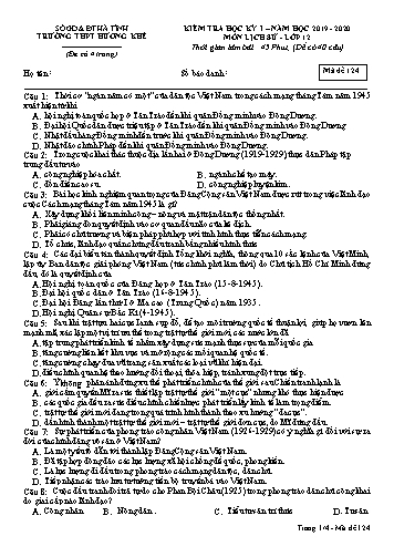 Đề kiểm tra Lịch sử Lớp 12 - Học kỳ I - Năm học 2019-2020 - Trường THPT Hương Khê - Mã đề 124 (Kèm đáp án)