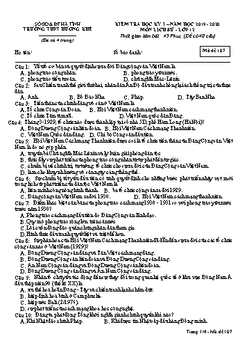 Đề kiểm tra Lịch sử Lớp 12 - Học kỳ I - Năm học 2019-2020 - Trường THPT Hương Khê - Mã đề 107 (Kèm đáp án)