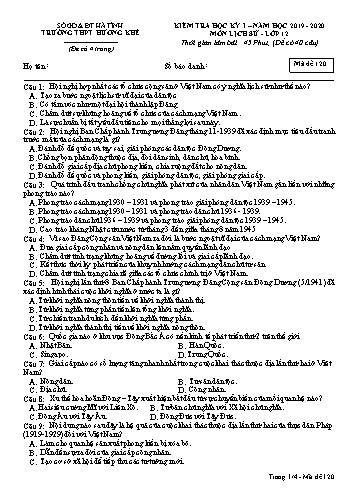 Đề kiểm tra Lịch sử Lớp 12 - Học kỳ I - Năm học 2019-2020 - Trường THPT Hương Khê - Mã đề 120 (Kèm đáp án)