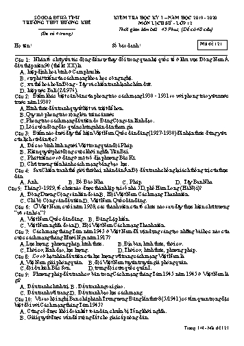 Đề kiểm tra Lịch sử Lớp 12 - Học kỳ I - Năm học 2019-2020 - Trường THPT Hương Khê - Mã đề 121 (Kèm đáp án)