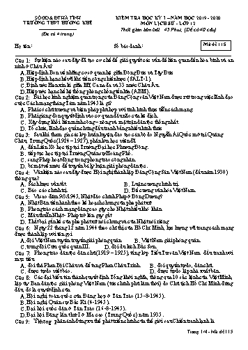 Đề kiểm tra Lịch sử Lớp 12 - Học kỳ I - Năm học 2019-2020 - Trường THPT Hương Khê - Mã đề 115 (Kèm đáp án)