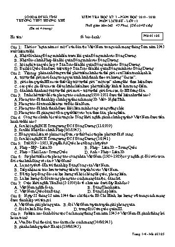 Đề kiểm tra Lịch sử Lớp 12 - Học kỳ I - Năm học 2019-2020 - Trường THPT Hương Khê - Mã đề 105