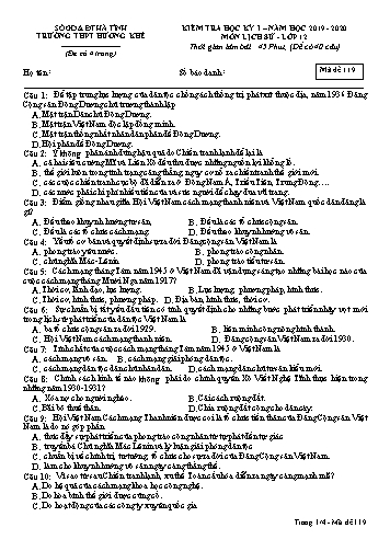 Đề kiểm tra Lịch sử Lớp 12 - Học kỳ I - Năm học 2019-2020 - Trường THPT Hương Khê - Mã đề 119 (Kèm đáp án)