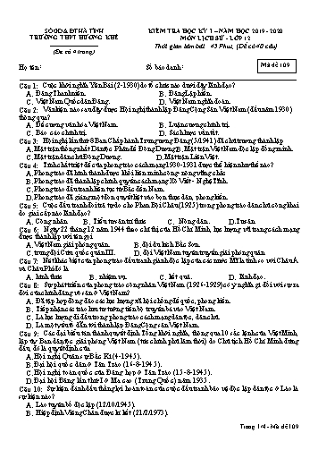Đề kiểm tra Lịch sử Lớp 12 - Học kỳ I - Năm học 2019-2020 - Trường THPT Hương Khê - Mã đề 109 (Kèm đáp án)