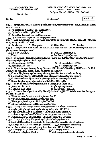 Đề kiểm tra Lịch sử Lớp 12 - Học kỳ I - Năm học 2019-2020 - Trường THPT Hương Khê - Mã đề 113 (Kèm đáp án)