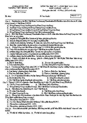 Đề kiểm tra Lịch sử Lớp 12 - Học kỳ I - Năm học 2019-2020 - Trường THPT Hương Khê - Mã đề 117 (Kèm đáp án)
