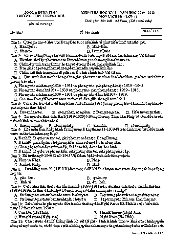 Đề kiểm tra Lịch sử Lớp 12 - Học kỳ I - Năm học 2019-2020 - Trường THPT Hương Khê - Mã đề 116 (Kèm đáp án)