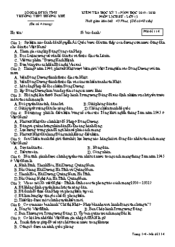 Đề kiểm tra Lịch sử Lớp 12 - Học kỳ I - Năm học 2019-2020 - Trường THPT Hương Khê - Mã đề 114 (Kèm đáp án)