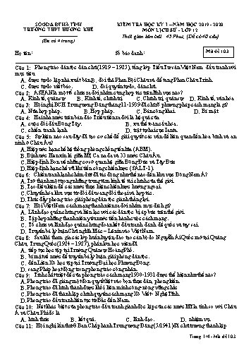 Đề kiểm tra Lịch sử Lớp 12 - Học kỳ I - Năm học 2019-2020 - Trường THPT Hương Khê - Mã đề 103 (Kèm đáp án)
