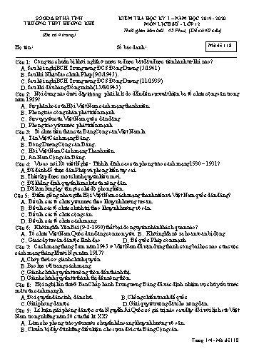 Đề kiểm tra Lịch sử Lớp 12 - Học kỳ I - Năm học 2019-2020 - Trường THPT Hương Khê - Mã đề 118 (Kèm đáp án)