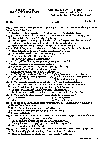 Đề kiểm tra Lịch sử Lớp 12 - Học kỳ I - Năm học 2019-2020 - Trường THPT Hương Khê - Mã đề 108 (Kèm đáp án)