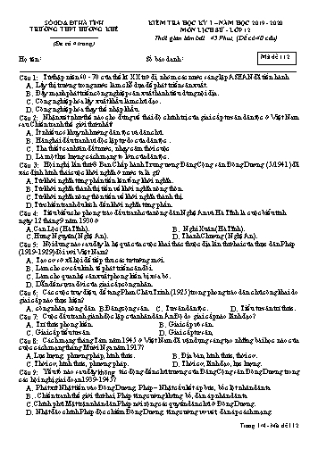 Đề kiểm tra Lịch sử Lớp 12 - Học kỳ I - Năm học 2019-2020 - Trường THPT Hương Khê - Mã đề 112 (Kèm đáp án)