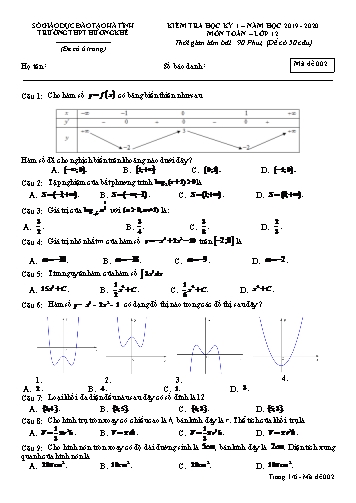 Đề kiểm tra môn Toán Lớp 12 - Học kỳ I - Năm học 2019-2020 - Trường THPT Hương Khê - Mã đề 002 (Kèm đáp án)