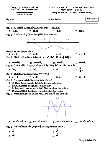 Đề kiểm tra môn Toán Lớp 12 - Học kỳ I - Năm học 2019-2020 - Trường THPT Hương Khê - Mã đề 022 (Kèm đáp án)