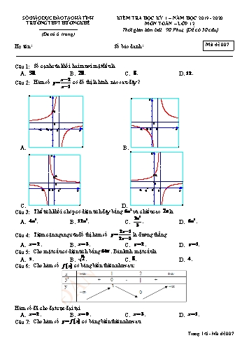 Đề kiểm tra môn Toán Lớp 12 - Học kỳ I - Năm học 2019-2020 - Trường THPT Hương Khê - Mã đề 007 (Kèm đáp án)