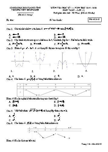 Đề kiểm tra môn Toán Lớp 12 - Học kỳ I - Năm học 2019-2020 - Trường THPT Hương Khê - Mã đề 018 (Kèm đáp án)