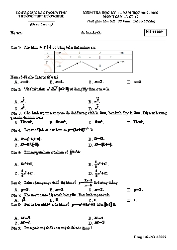 Đề kiểm tra môn Toán Lớp 12 - Học kỳ I - Năm học 2019-2020 - Trường THPT Hương Khê - Mã đề 009 (Kèm đáp án)