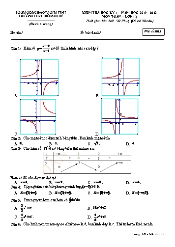 Đề kiểm tra môn Toán Lớp 12 - Học kỳ I - Năm học 2019-2020 - Trường THPT Hương Khê - Mã đề 003 (Kèm đáp án)