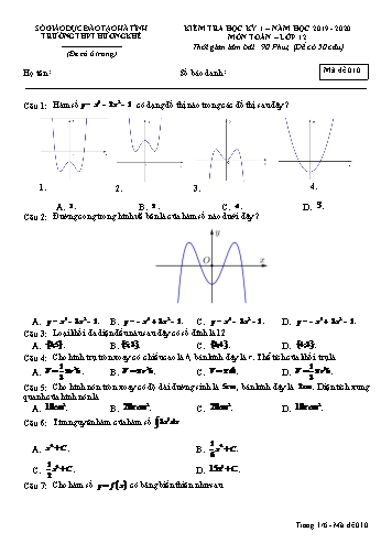 Đề kiểm tra môn Toán Lớp 12 - Học kỳ I - Năm học 2019-2020 - Trường THPT Hương Khê - Mã đề 010 (Kèm đáp án)
