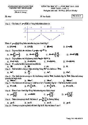 Đề kiểm tra môn Toán Lớp 12 - Học kỳ I - Năm học 2019-2020 - Trường THPT Hương Khê - Mã đề 019 (Kèm đáp án)