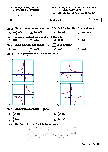 Đề kiểm tra môn Toán Lớp 12 - Học kỳ I - Năm học 2019-2020 - Trường THPT Hương Khê - Mã đề 017 (Kèm đáp án)