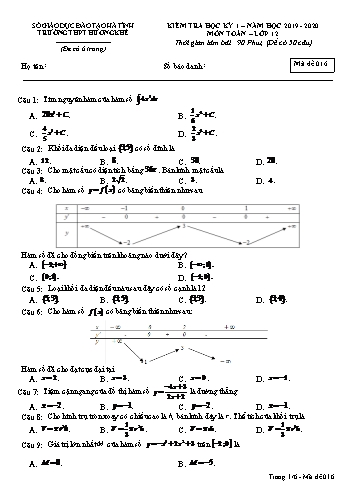 Đề kiểm tra môn Toán Lớp 12 - Học kỳ I - Năm học 2019-2020 - Trường THPT Hương Khê - Mã đề 016 (Kèm đáp án)